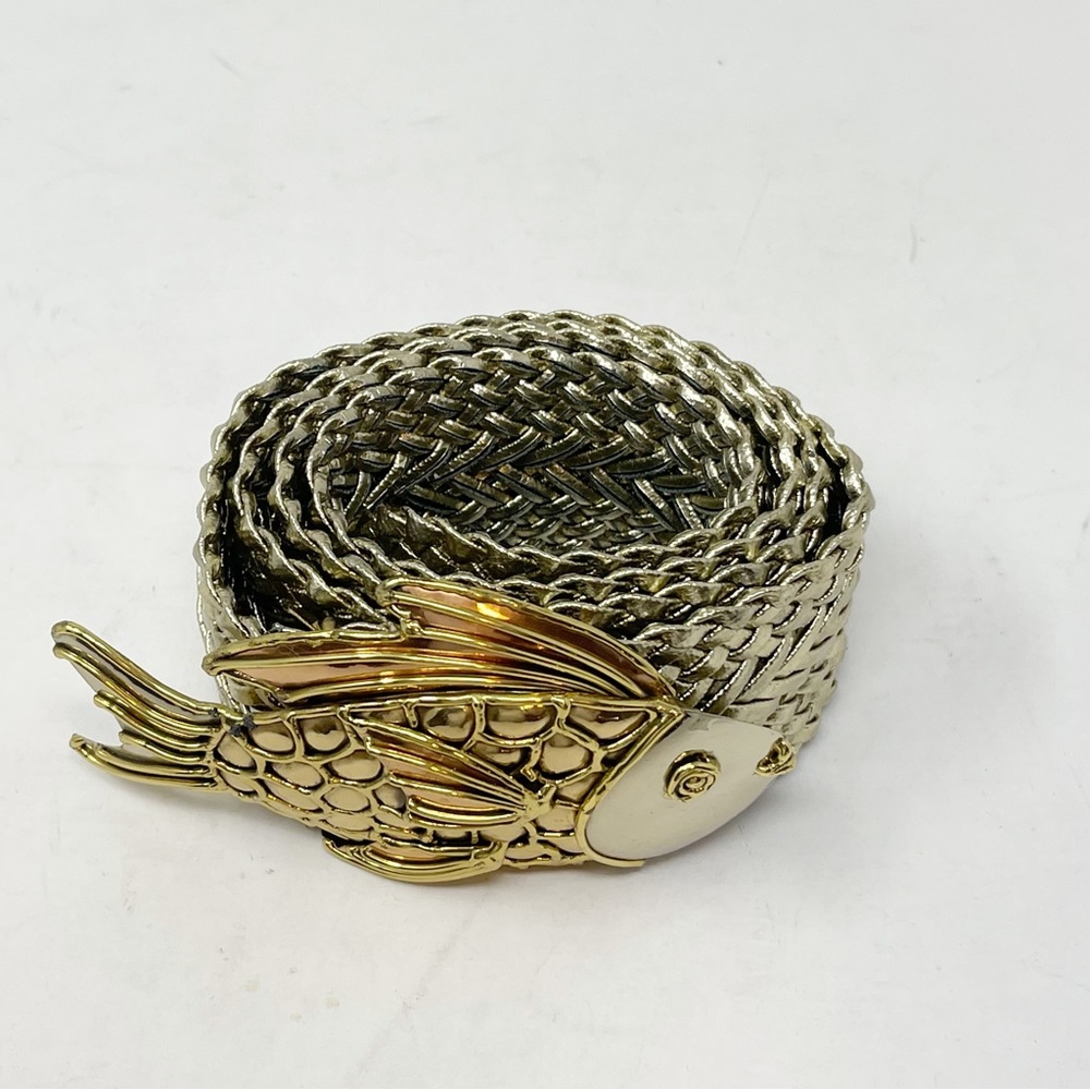 OOAK Vintage Women’s Gold Tone Brass Fish Buckle Woven Leather Belt Adjustable - Picture 2 of 8